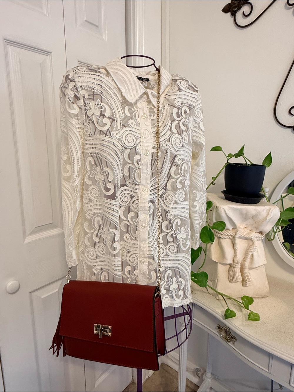 Sheer White Embroidered Button-Up Blouse - Elegant Women's Top - Picture 5 of 8